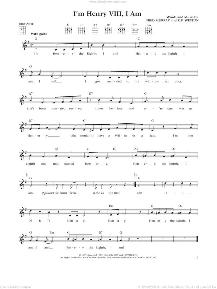 I'm Henry VIII, I Am (from The Daily Ukulele) (arr. Liz and Jim Beloff) sheet music for ukulele by Herman's Hermits, Jim Beloff, Liz Beloff, Fred Murray and R.P. Weston, intermediate skill level