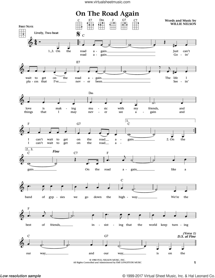 On The Road Again (from The Daily Ukulele) (arr. Liz and Jim Beloff) sheet music for ukulele by Willie Nelson, Jim Beloff and Liz Beloff, intermediate skill level