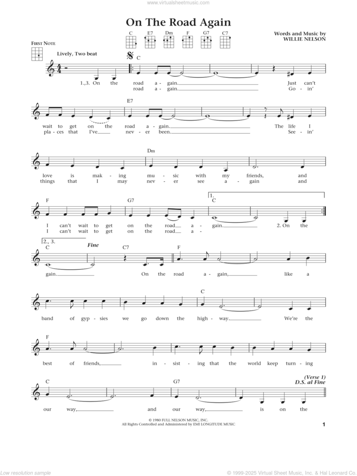 On The Road Again (from The Daily Ukulele) (arr. Liz and Jim Beloff) sheet music for ukulele by Willie Nelson, Jim Beloff and Liz Beloff, intermediate skill level