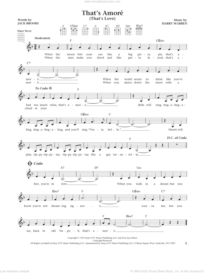 That's Amore (That's Love) (from The Daily Ukulele) (arr. Liz and Jim Beloff) sheet music for ukulele by Dean Martin, Jim Beloff, Liz Beloff, Harry Warren and Jack Brooks, intermediate skill level