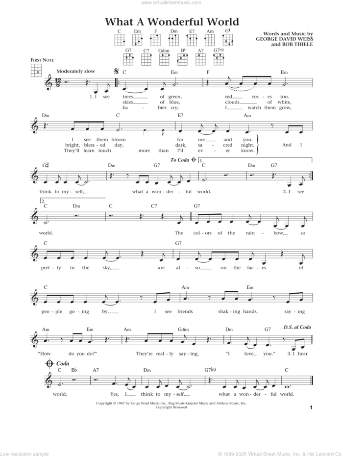 What A Wonderful World (from The Daily Ukulele) (arr. Liz and Jim Beloff) sheet music for ukulele by Louis Armstrong, Jim Beloff, Liz Beloff, Bob Thiele and George David Weiss, intermediate skill level