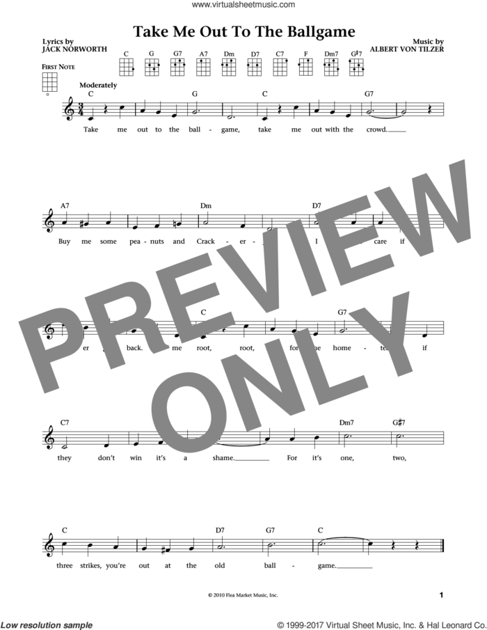 Take Me Out To The Ball Game (from The Daily Ukulele) (arr. Liz and Jim Beloff) sheet music for ukulele by Albert von Tilzer, Jim Beloff, Liz Beloff and Jack Norworth, intermediate skill level