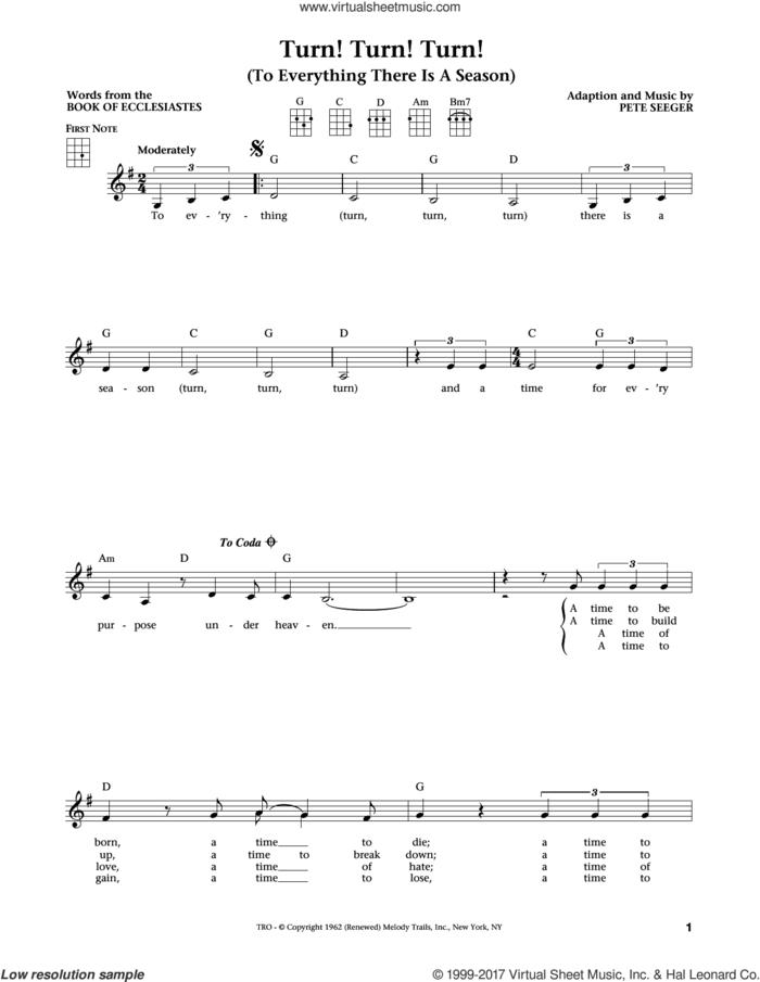 Turn! Turn! Turn! (To Everything There Is A Season) (The Daily Ukulele) (arr. Liz and Jim Beloff) sheet music for ukulele by The Byrds, Jim Beloff, Liz Beloff, Book of Ecclesiastes and Pete Seeger, intermediate skill level