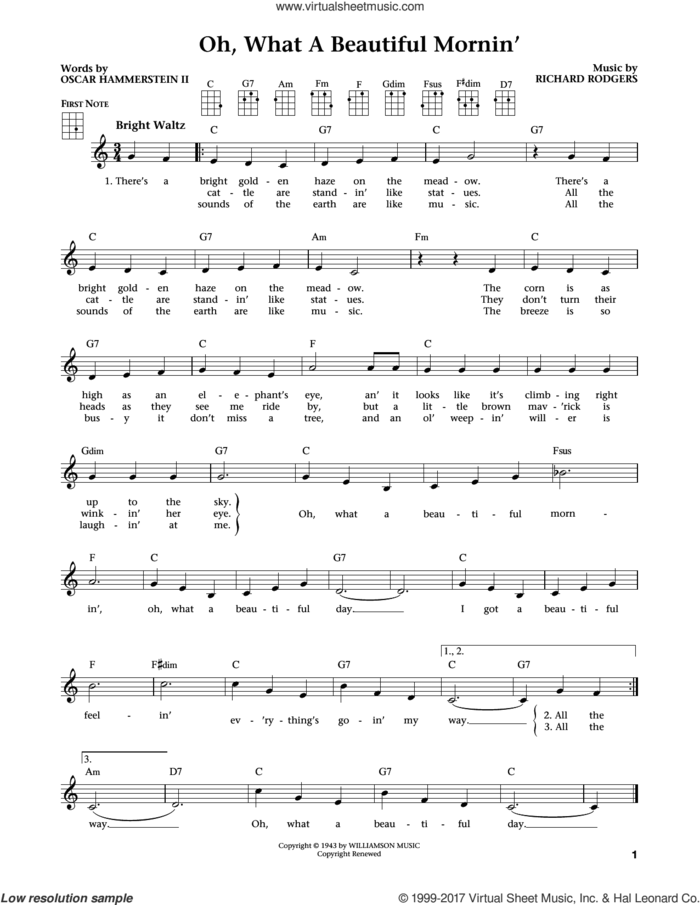 Oh, What A Beautiful Mornin' (from Oklahoma) (from The Daily Ukulele) (arr. Liz and Jim Beloff) sheet music for ukulele by Rodgers & Hammerstein, Jim Beloff, Liz Beloff, Oscar II Hammerstein and Richard Rodgers, intermediate skill level