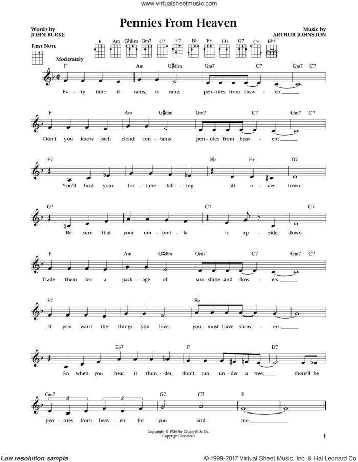 Pennies From Heaven (from The Daily Ukulele) (arr. Liz and Jim Beloff) sheet music for ukulele by John Burke, Jim Beloff, Liz Beloff and Arthur Johnston, intermediate skill level