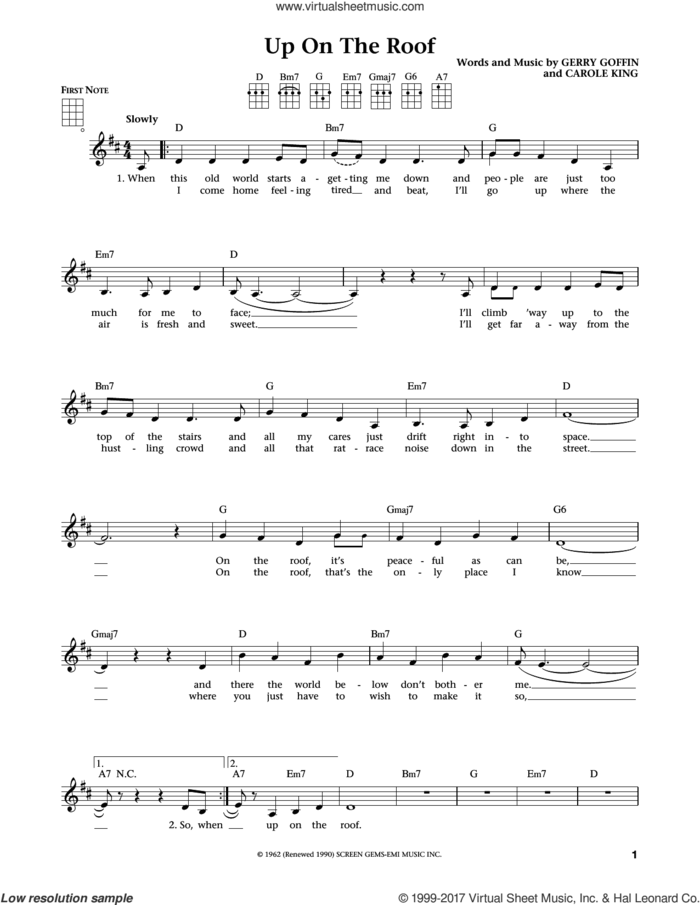 Up On The Roof (from The Daily Ukulele) (arr. Liz and Jim Beloff) sheet music for ukulele by The Drifters, Jim Beloff, Liz Beloff, Carole King and Gerry Goffin, intermediate skill level