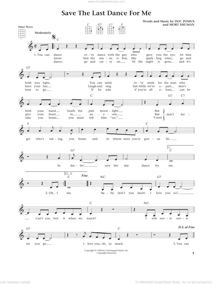 Save The Last Dance For Me (from The Daily Ukulele) (arr. Liz and Jim Beloff) sheet music for ukulele by The Drifters, Jim Beloff, Liz Beloff, Emmylou Harris, Doc Pomus and Mort Shuman, intermediate skill level