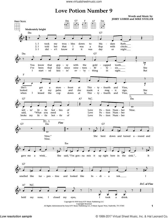 Love Potion Number 9 (from The Daily Ukulele) (arr. Liz and Jim Beloff) sheet music for ukulele by The Searchers, Jim Beloff, Liz Beloff, Jerry Leiber and Mike Stoller, intermediate skill level