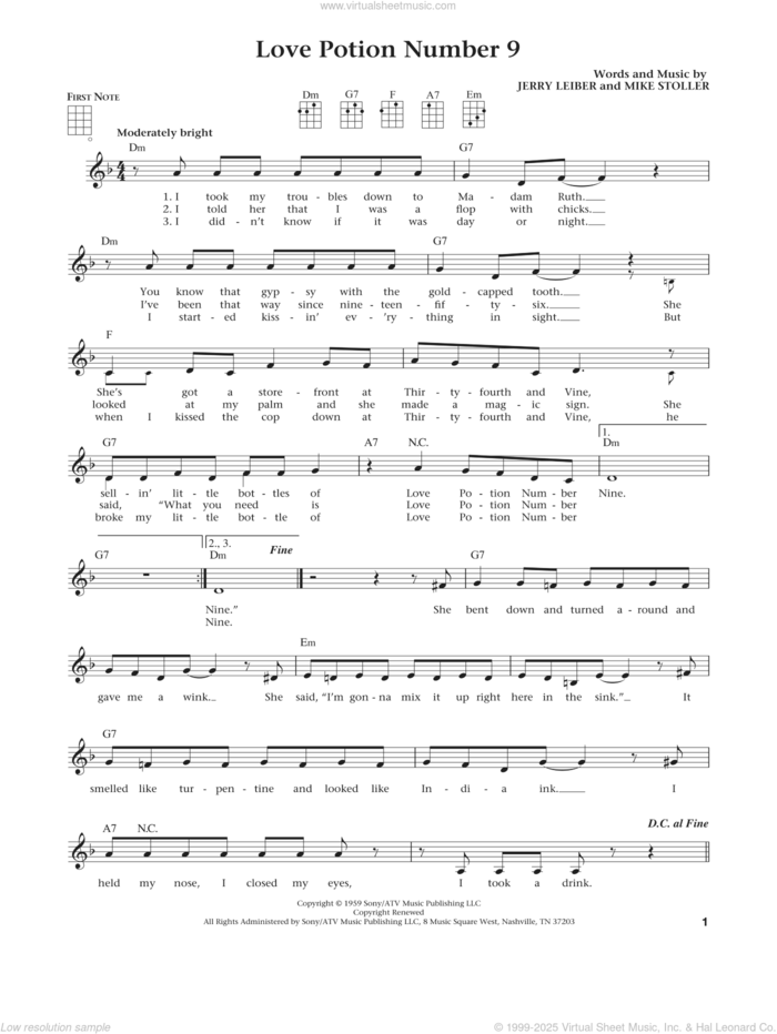 Love Potion Number 9 (from The Daily Ukulele) (arr. Liz and Jim Beloff) sheet music for ukulele by The Searchers, Jim Beloff, Liz Beloff, Jerry Leiber and Mike Stoller, intermediate skill level