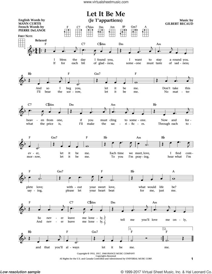 Let It Be Me (Je T'appartiens) (from The Daily Ukulele) (arr. Liz and Jim Beloff) sheet music for ukulele by Everly Brothers, Jim Beloff, Liz Beloff, Elvis Presley, Gilbert Becaud, Mann Curtis and Pierre Delanoe, intermediate skill level
