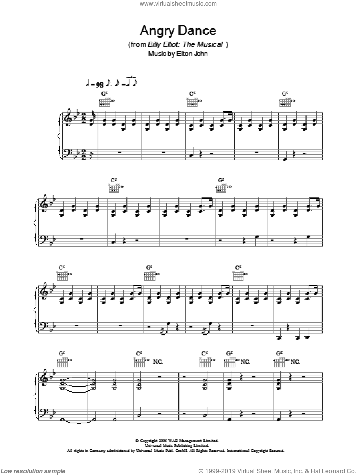 Angry Dance sheet music for voice, piano or guitar by Elton John, Billy Elliot (Musical) and Lee Hall, intermediate skill level