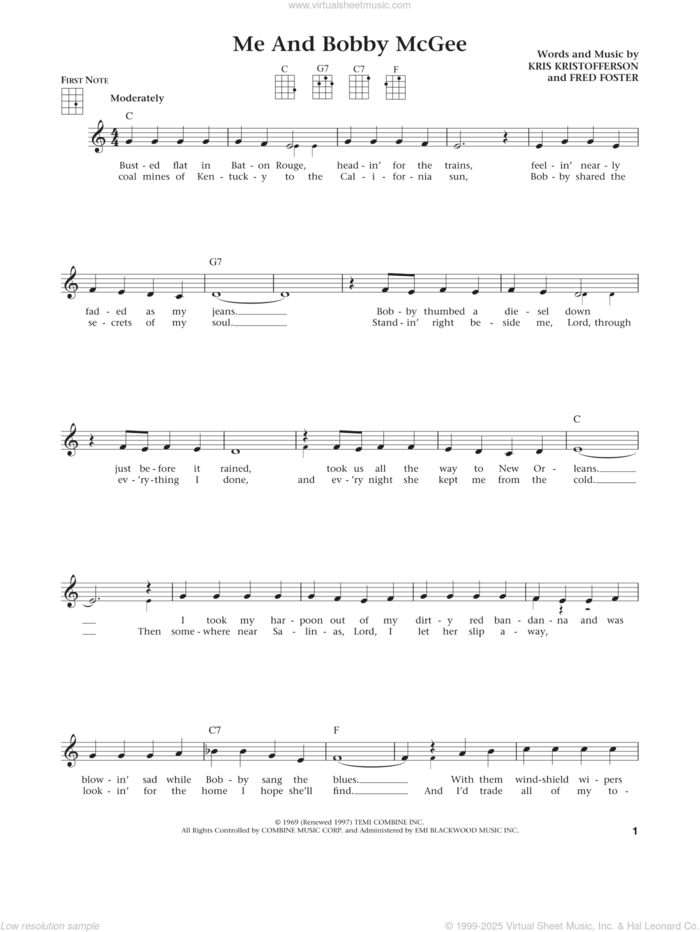 Me And Bobby McGee (from The Daily Ukulele) (arr. Liz and Jim Beloff) sheet music for ukulele by Kris Kristofferson, Janis Joplin, Jim Beloff, Liz Beloff and Fred Foster, intermediate skill level