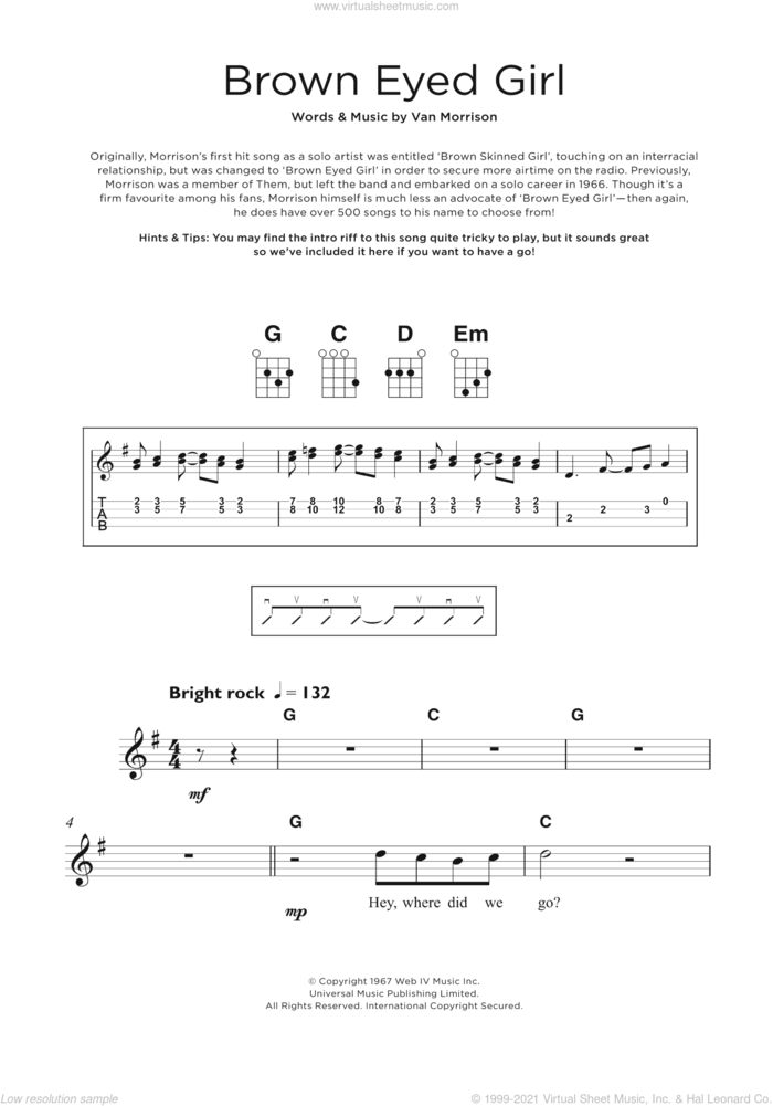 Brown Eyed Girl sheet music for ukulele by Van Morrison, intermediate skill level
