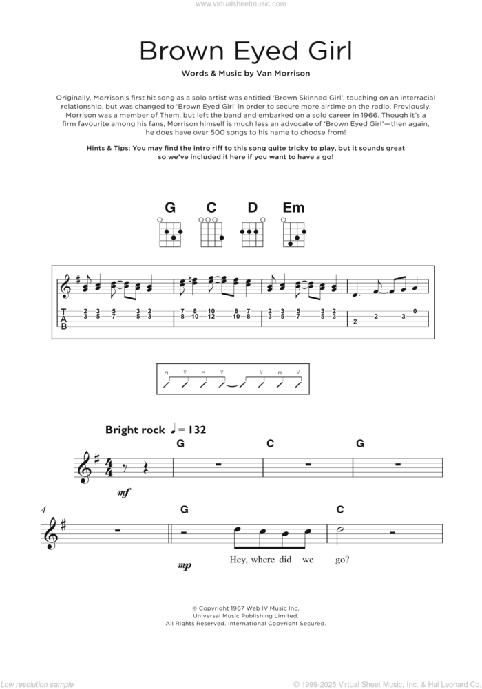 Brown Eyed Girl sheet music for ukulele by Van Morrison, intermediate skill level