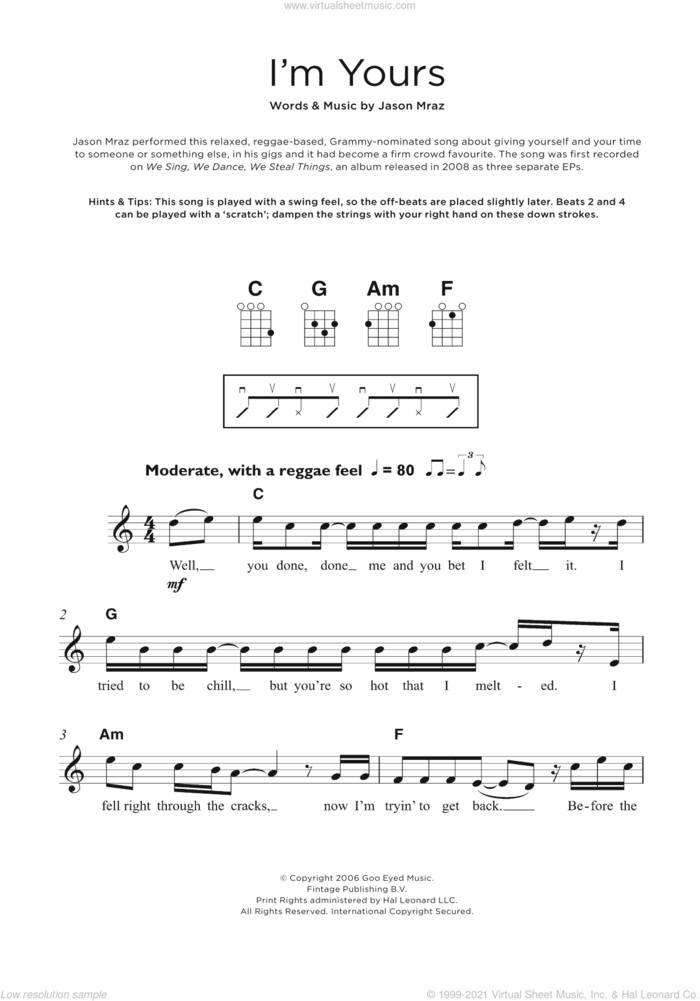 I'm Yours sheet music for ukulele by Jason Mraz, intermediate skill level