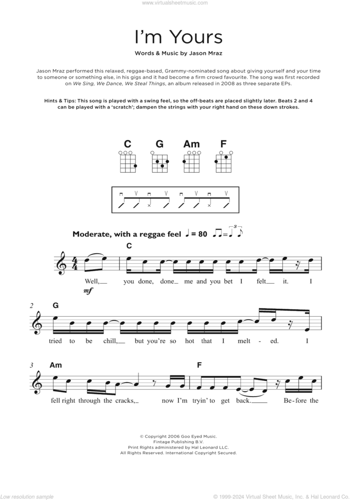 I'm Yours sheet music for ukulele by Jason Mraz, wedding score, intermediate skill level