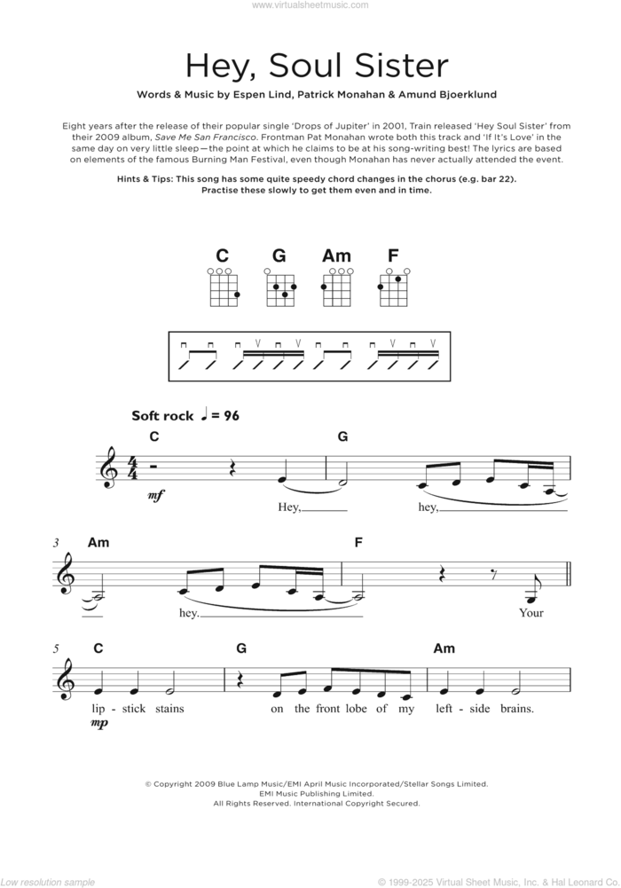 Hey, Soul Sister sheet music for ukulele by Train, Amund Bjoerklund, Espen Lind and Pat Monahan, intermediate skill level