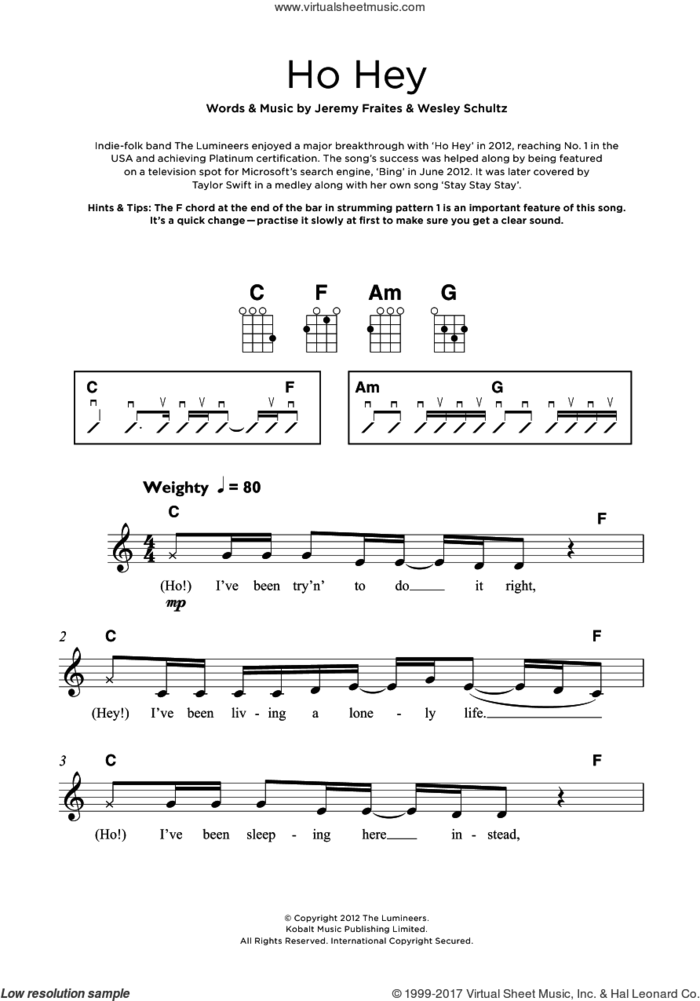 Ho Hey sheet music for ukulele by The Lumineers, Jeremy Fraites and Wesley Schultz, intermediate skill level