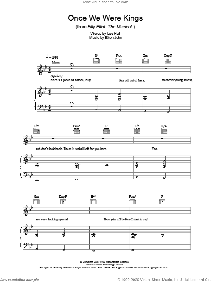 Once We Were Kings sheet music for voice, piano or guitar by Elton John, Billy Elliot (Musical) and Lee Hall, intermediate skill level