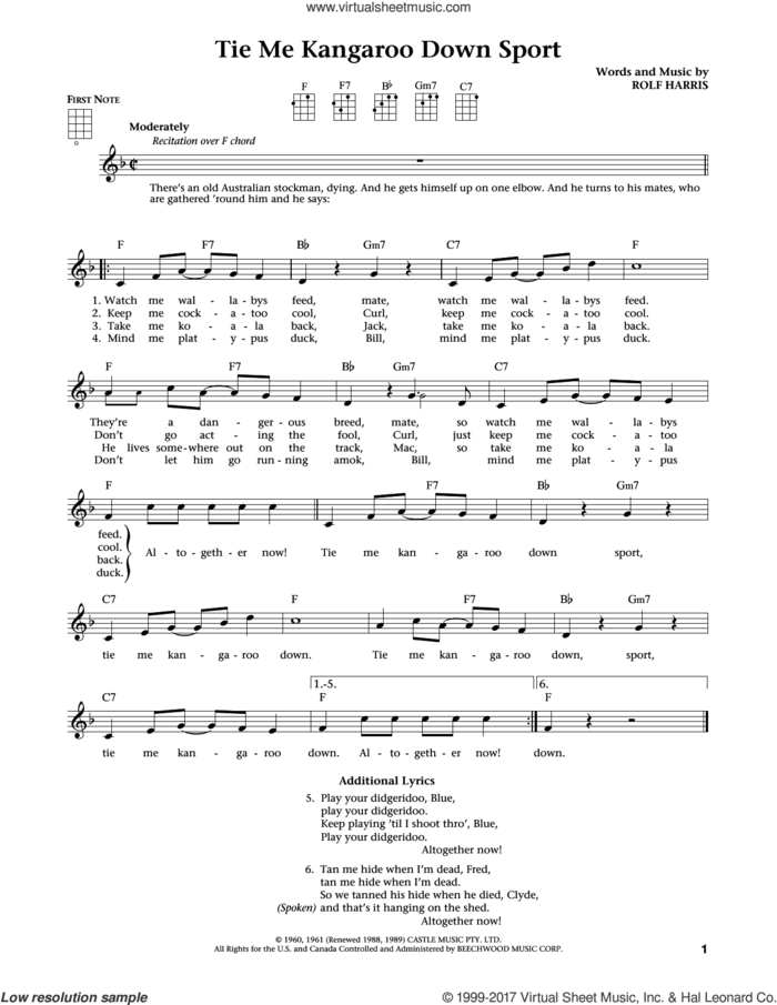 Tie Me Kangaroo Down Sport (from The Daily Ukulele) (arr. Liz and Jim Beloff) sheet music for ukulele by Rolf Harris, Jim Beloff and Liz Beloff, intermediate skill level
