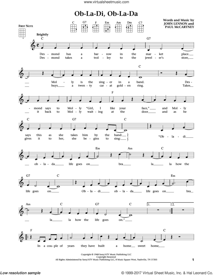 Ob-La-Di, Ob-La-Da (from The Daily Ukulele) (arr. Liz and Jim Beloff) sheet music for ukulele by The Beatles, Jim Beloff, Liz Beloff, John Lennon and Paul McCartney, intermediate skill level