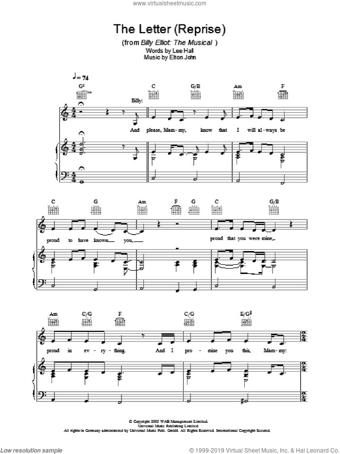 The Letter - Reprise sheet music for voice, piano or guitar by Elton John, Billy Elliot (Musical) and Lee Hall, intermediate skill level