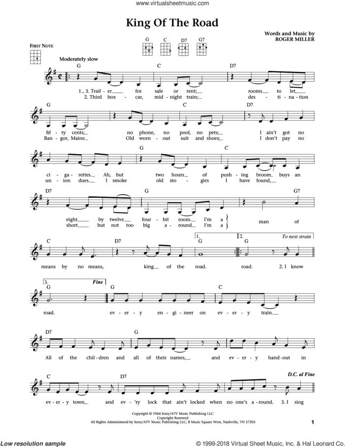 King Of The Road (from The Daily Ukulele) (arr. Liz and Jim Beloff) sheet music for ukulele by Roger Miller, Jim Beloff and Liz Beloff, intermediate skill level