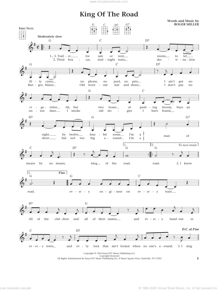 King Of The Road (from The Daily Ukulele) (arr. Liz and Jim Beloff) sheet music for ukulele by Roger Miller, Jim Beloff and Liz Beloff, intermediate skill level