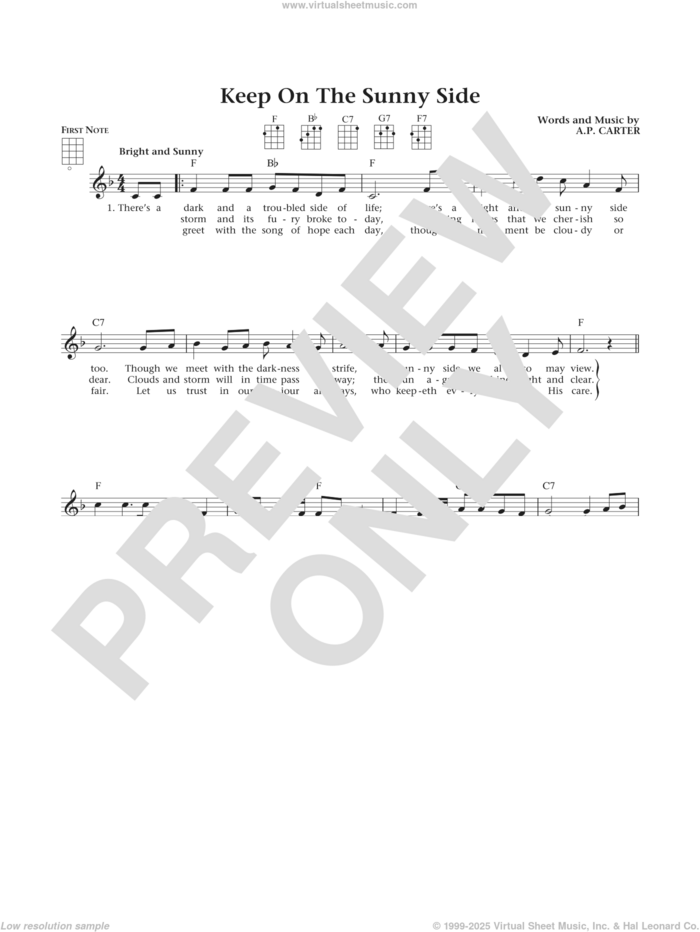 Keep On The Sunny Side (from The Daily Ukulele) (arr. Liz and Jim Beloff) sheet music for ukulele by The Carter Family, Jim Beloff, Liz Beloff and A.P. Carter, intermediate skill level