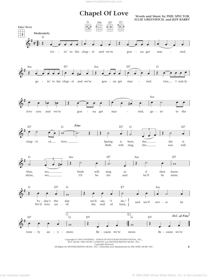 Chapel Of Love (from The Daily Ukulele) (arr. Liz and Jim Beloff) sheet music for ukulele by Dixie Cups, Jim Beloff, Liz Beloff, Ellie Greenwich, Jeff Barry and Phil Spector, intermediate skill level