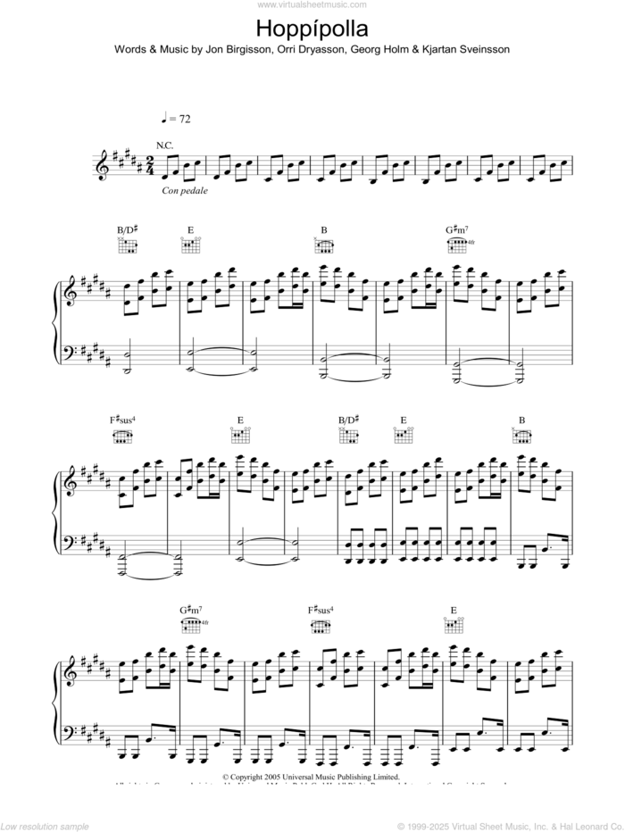 Hoppipolla sheet music for voice, piano or guitar by Sigur Ros, Georg Holm, Jon Birgisson, Kjartan Sveinsson and Orri Dryasson, intermediate skill level