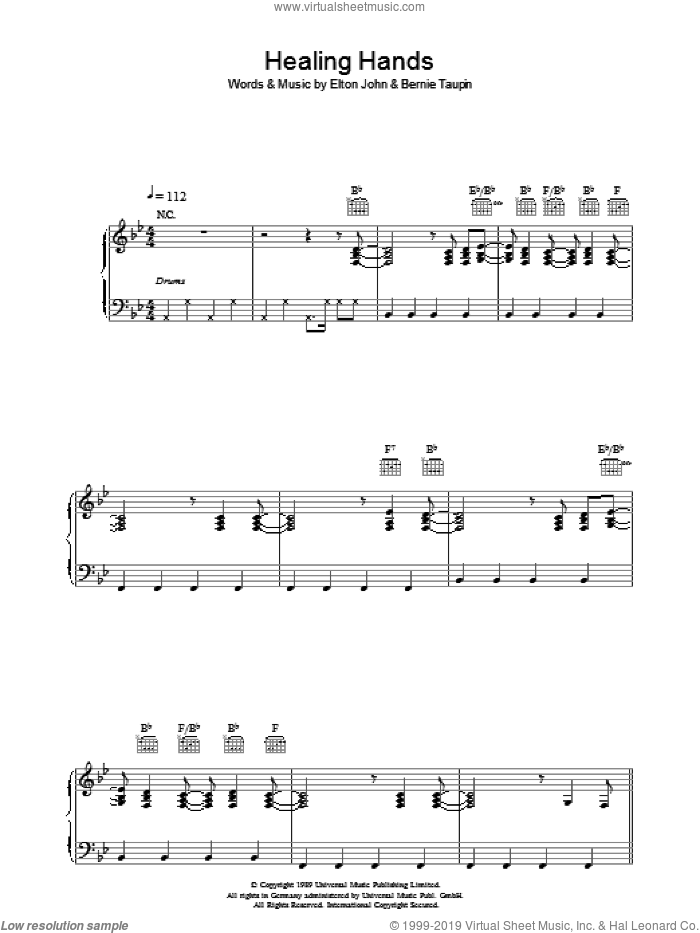 Healing Hands sheet music for voice, piano or guitar by Elton John and Bernie Taupin, intermediate skill level
