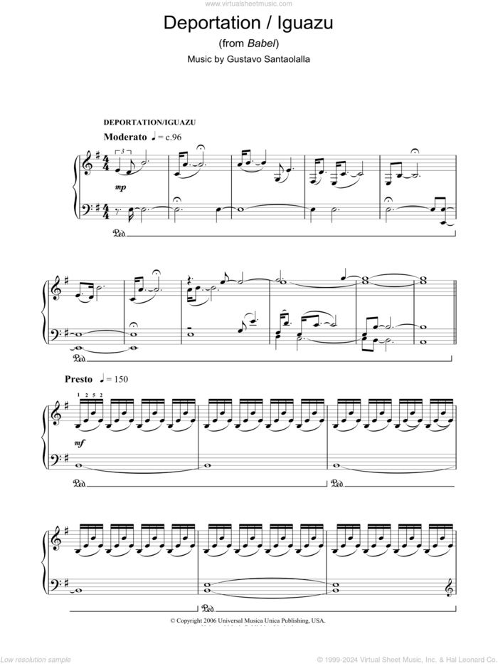 Deportation/Iguazu (from Babel) sheet music for piano solo by Gustavo Santaolalla, intermediate skill level