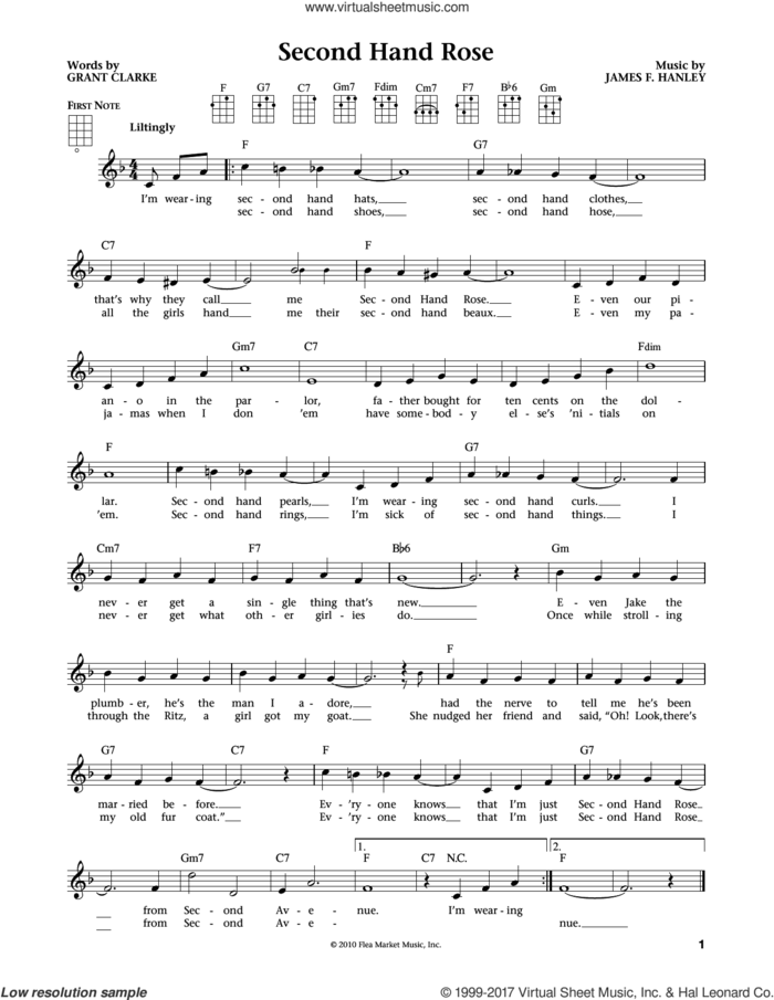 Second Hand Rose (from The Daily Ukulele) (arr. Liz and Jim Beloff) sheet music for ukulele by Fannie Brice, Jim Beloff, Liz Beloff, Grant Clarke and James Hanley, intermediate skill level