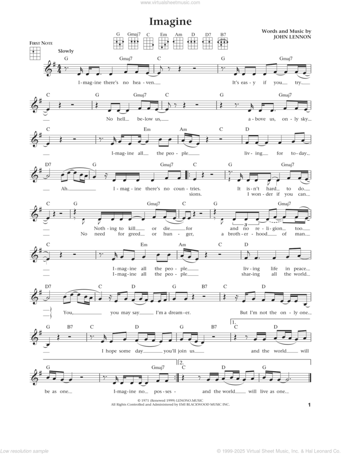 Imagine (from The Daily Ukulele) (arr. Liz and Jim Beloff) sheet music for ukulele by John Lennon, Jim Beloff and Liz Beloff, intermediate skill level