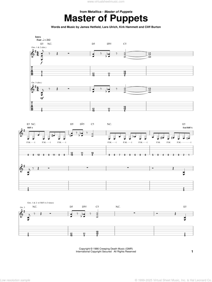 Master Of Puppets sheet music for guitar (tablature) by Metallica, Cliff Burton, James Hetfield, Kirk Hammett and Lars Ulrich, intermediate skill level