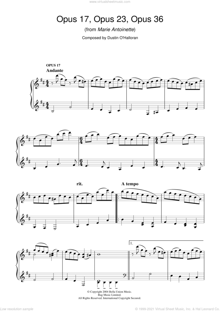 Opus 17, Opus 23, Opus 36 (from Marie Antoinette) sheet music for piano solo by Dustin O'Halloran, intermediate skill level