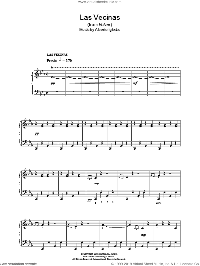 Las Vecinas (from Volver) sheet music for piano solo by Alberto Iglesias, intermediate skill level