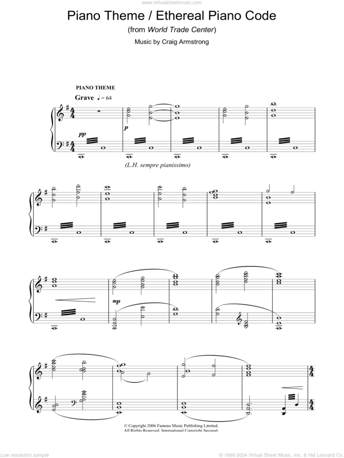 Piano Theme/Ethereal Piano Code (from World Trade Center) sheet music for piano solo by Craig Armstrong, intermediate skill level