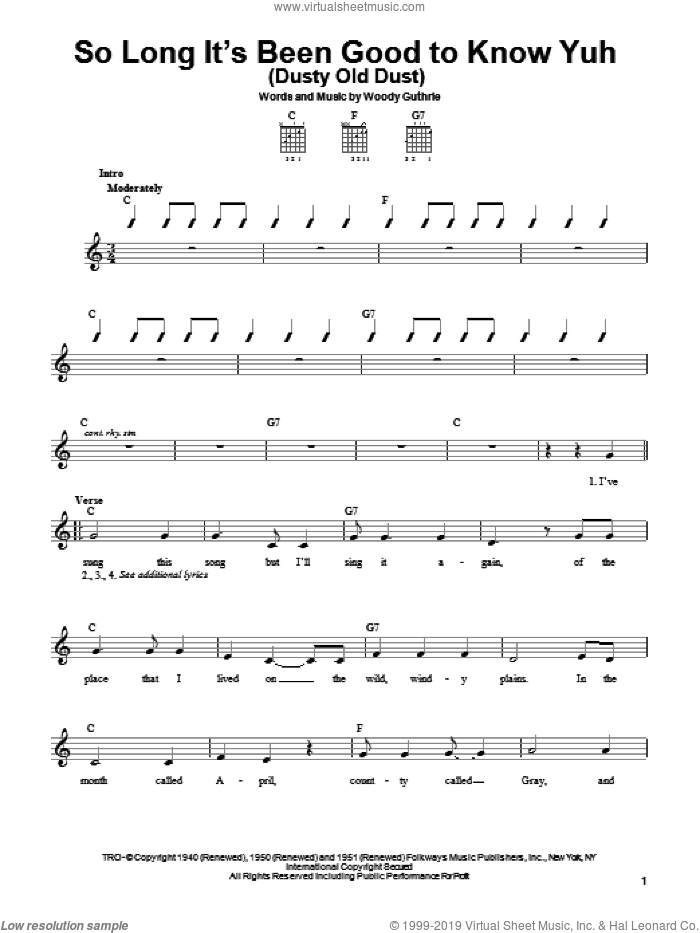 So Long It's Been Good To Know Yuh (Dusty Old Dust) sheet music for guitar solo (chords) by Woody Guthrie, easy guitar (chords)