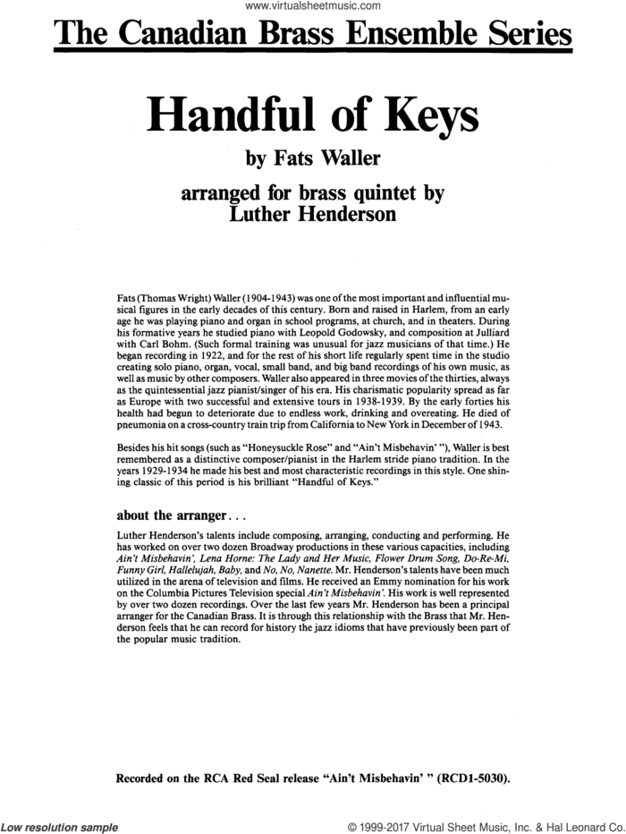 Handful of Keys (COMPLETE) sheet music for brass quintet by Fats Waller, Luther Henderson and Thomas Waller, intermediate skill level