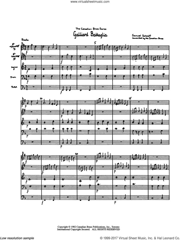 Galliard Battaglia (COMPLETE) sheet music for brass quintet by Samuel Scheidt and Canadian Brass, classical score, intermediate skill level