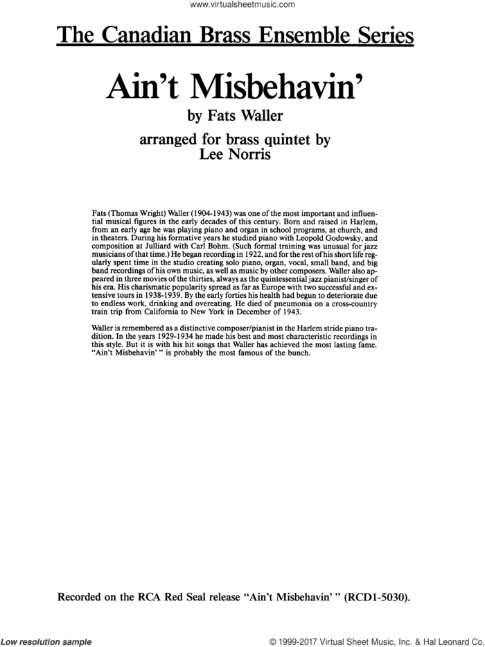 Ain't Misbehavin' (COMPLETE) sheet music for brass quintet by Fats Waller, Lee Norris and Thomas Waller, intermediate skill level
