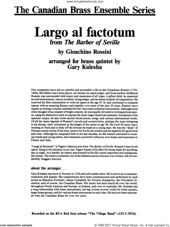 Largo al factotum from The Barber of Seville (COMPLETE) sheet music for brass quintet by Gioacchino Rossini and Gary Kulesha, classical score, intermediate skill level
