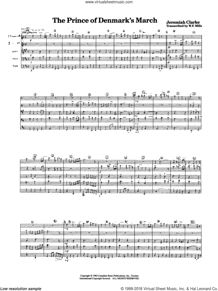 The Prince of Denmark's March (COMPLETE) sheet music for brass quintet by Jeremiah Clarke and W.F. Mills, classical score, intermediate skill level