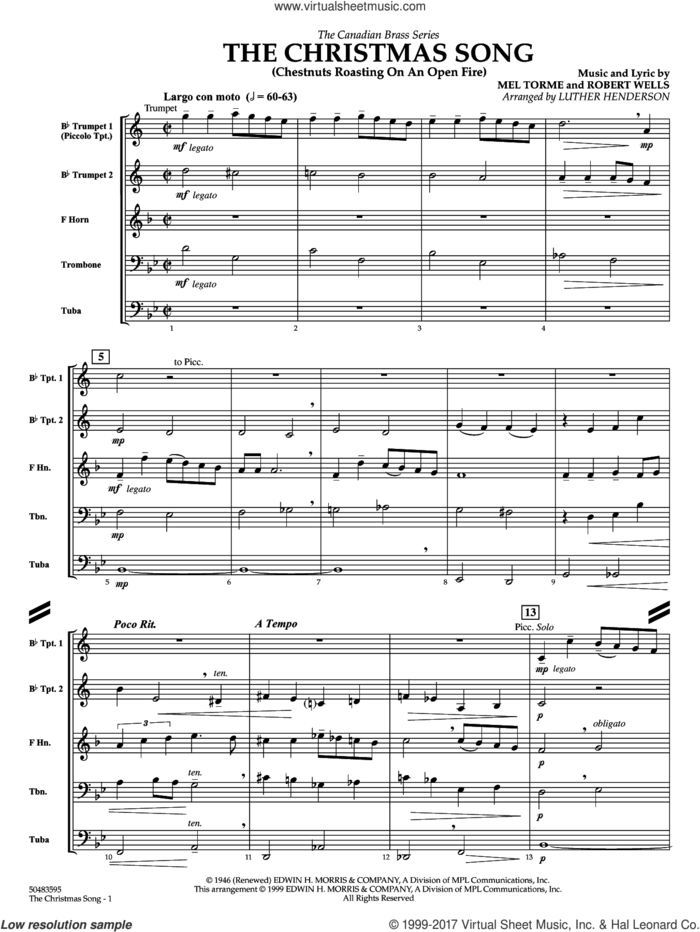 The Christmas Song (Chestnuts Roasting) (COMPLETE) sheet music for brass quintet by Luther Henderson and Mel Torme and Robert Wells, intermediate skill level