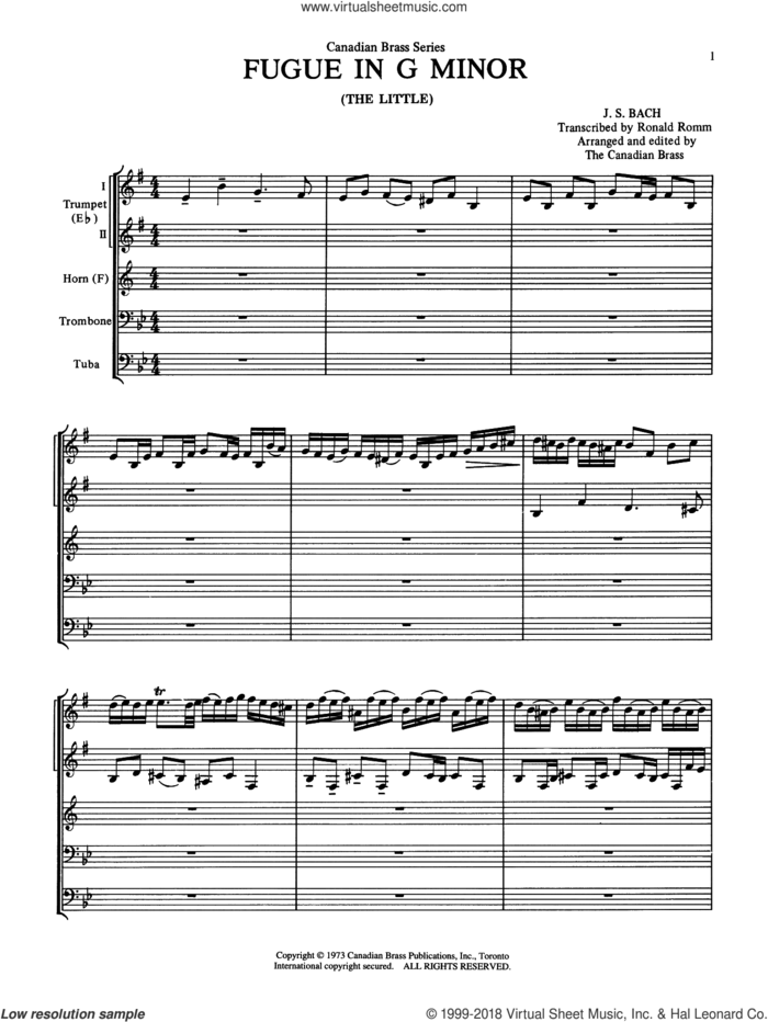 Fugue in G minor (COMPLETE) sheet music for brass ensemble by Johann Sebastian Bach and Ronald Romm, classical score, intermediate skill level