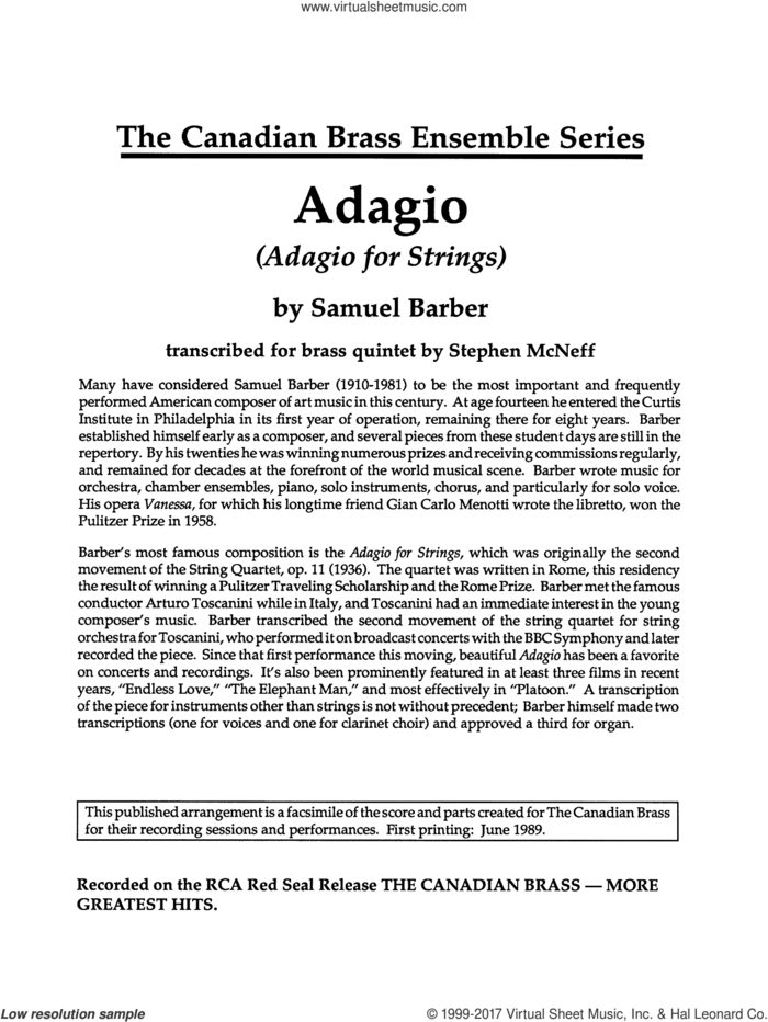 Adagio (Adagio For Strings) (COMPLETE) sheet music for brass ensemble by Samuel Barber and Stephen McNeff, classical score, intermediate skill level