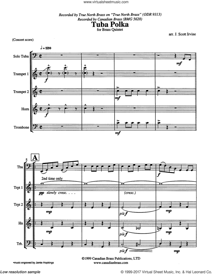 Tuba Polka (COMPLETE) sheet music for brass quintet by J. Scott Irvine, intermediate skill level