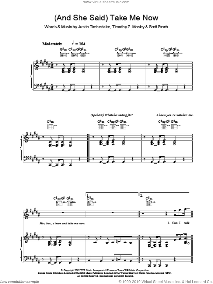 (And She Said) Take Me Now sheet music for voice, piano or guitar by Justin Timberlake, Scott Storch and Tim Mosley, intermediate skill level